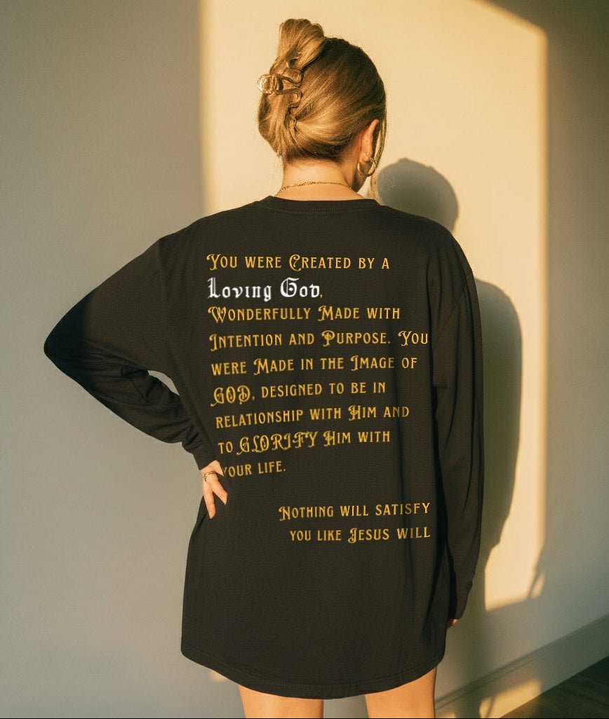 Created by a Loving God Adult Unisex Long Sleeve Tee - Seek and Share Designs