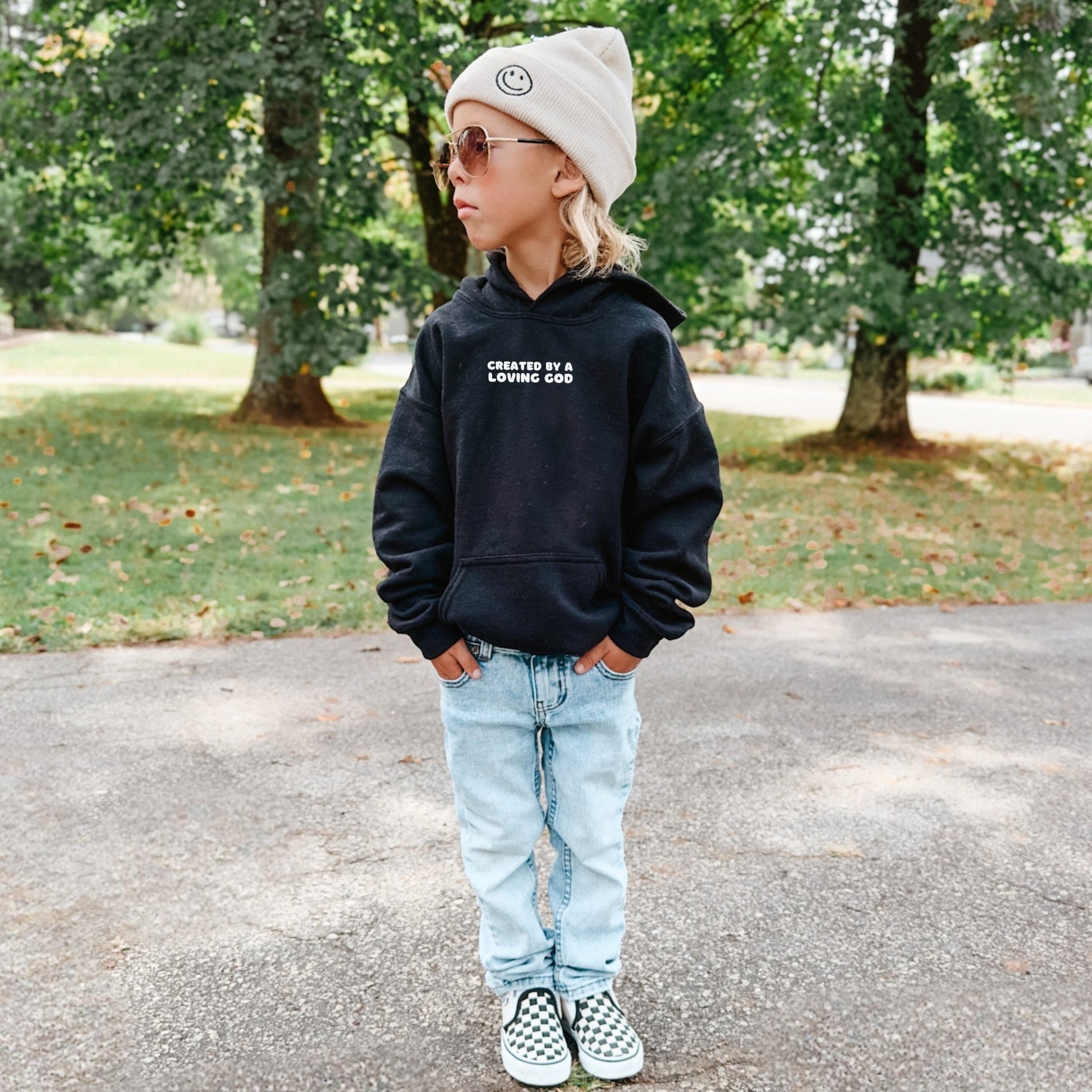 Created by a Loving God Boy Youth Hoodie - Seek and Share Designs