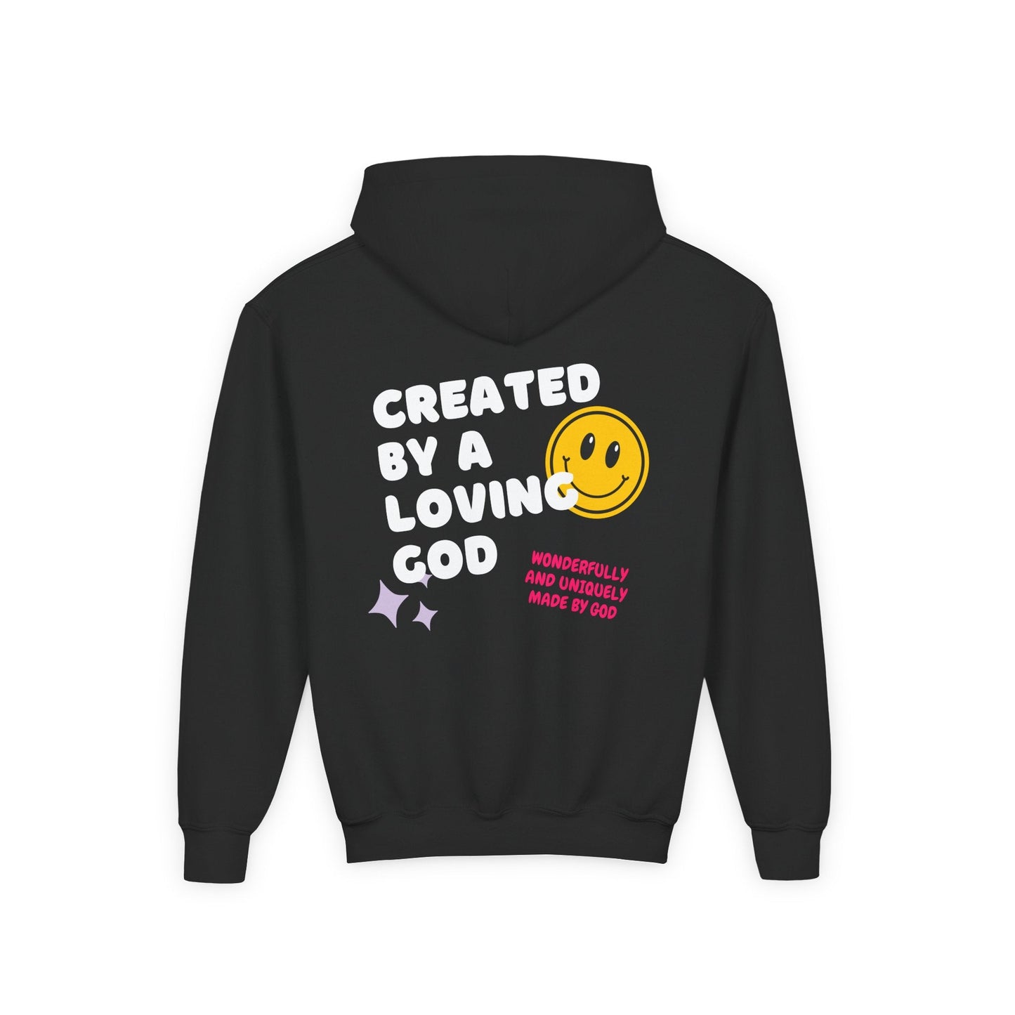 Created by a Loving God Girl Youth Hoodie - Seek and Share Designs
