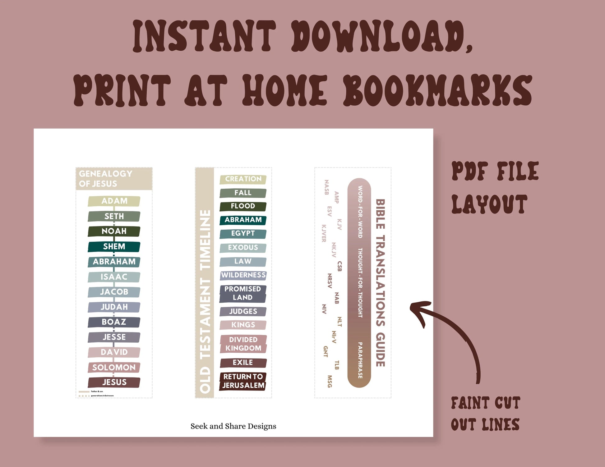 Free Printable Bible Study Bookmarks - Genealogy of Jesus, Bible Translations Guide, Old Testament Timeline - Seek and Share Designs