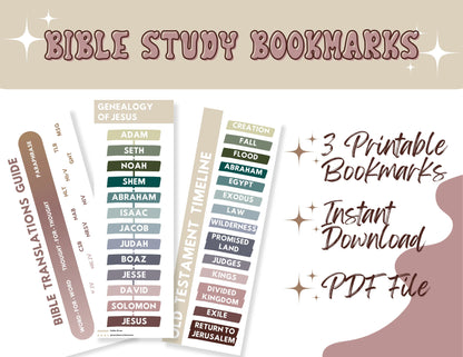 Free Printable Bible Study Bookmarks - Genealogy of Jesus, Bible Translations Guide, Old Testament Timeline - Seek and Share Designs