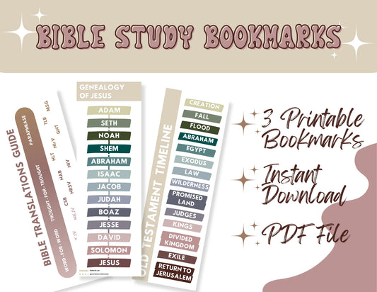 Free Printable Bible Study Bookmarks - Genealogy of Jesus, Bible Translations Guide, Old Testament Timeline - Seek and Share Designs