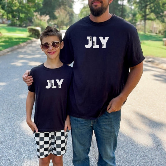 JLY Jesus Loves You Black Unisex Shirts Family Matching - Baby through Adult sizes - Seek and Share Designs