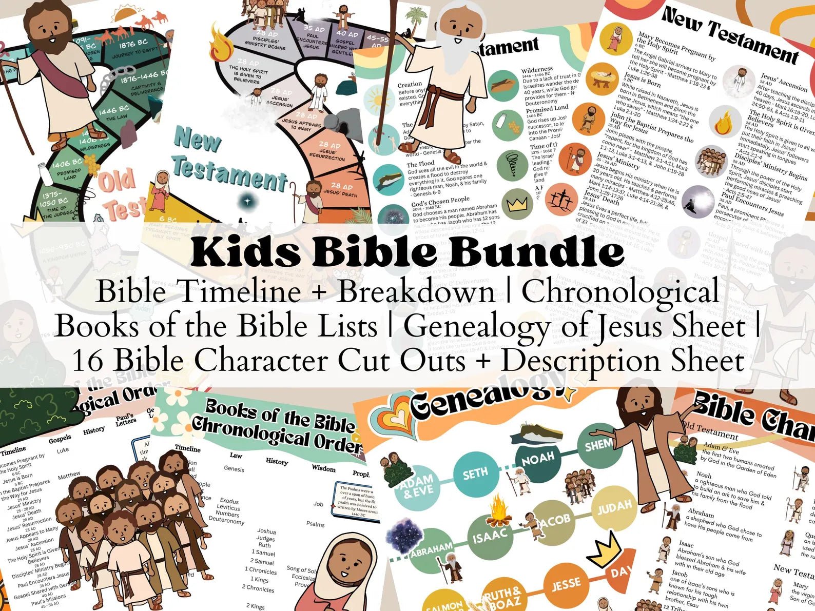 Kids Bible Bundle - Bible Timeline, Books of the Bible in Chronological Order, Bible Characters, & More! - Seek and Share Designs