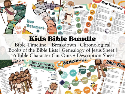 Kids Bible Bundle - Bible Timeline, Books of the Bible in Chronological Order, Bible Characters, & More! - Seek and Share Designs