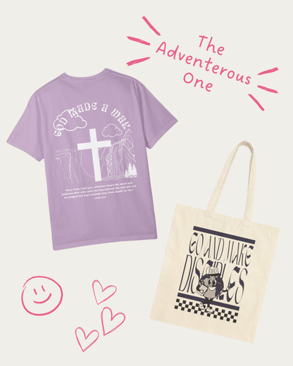 "The Adventurous One" Christian Gift Set - Includes God Made a Way Tee and Go and Make Disciples Tote Bag - Seek and Share Designs