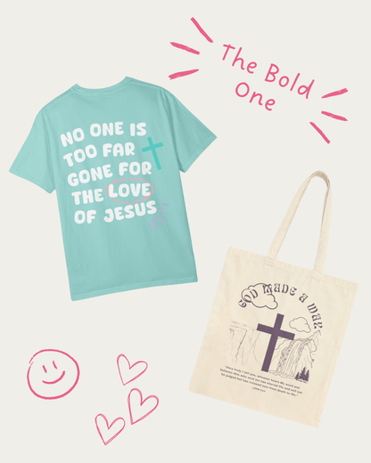 "The Bold One" Christian Gift Set - Includes No One is Too Far Gone Tee and God Made A Way Tote Bag - Seek and Share Designs
