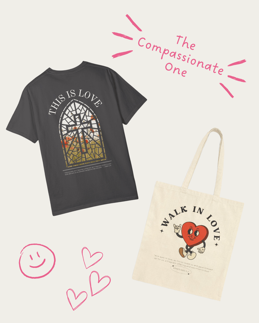 "The Compassionate One" Christian Gift Set - Includes This is Love Tee and Walk in Love Tote Bag - Seek and Share Designs