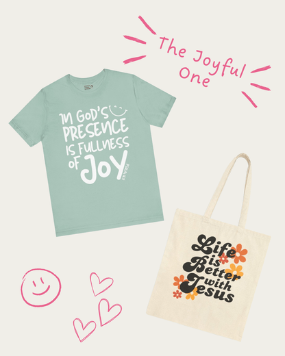 "The Joyful One" Christian Gift Set - Includes In God's Presence is Fullness of Joy Tee and Life is Better with Jesus Tote Bag - Seek and Share Designs