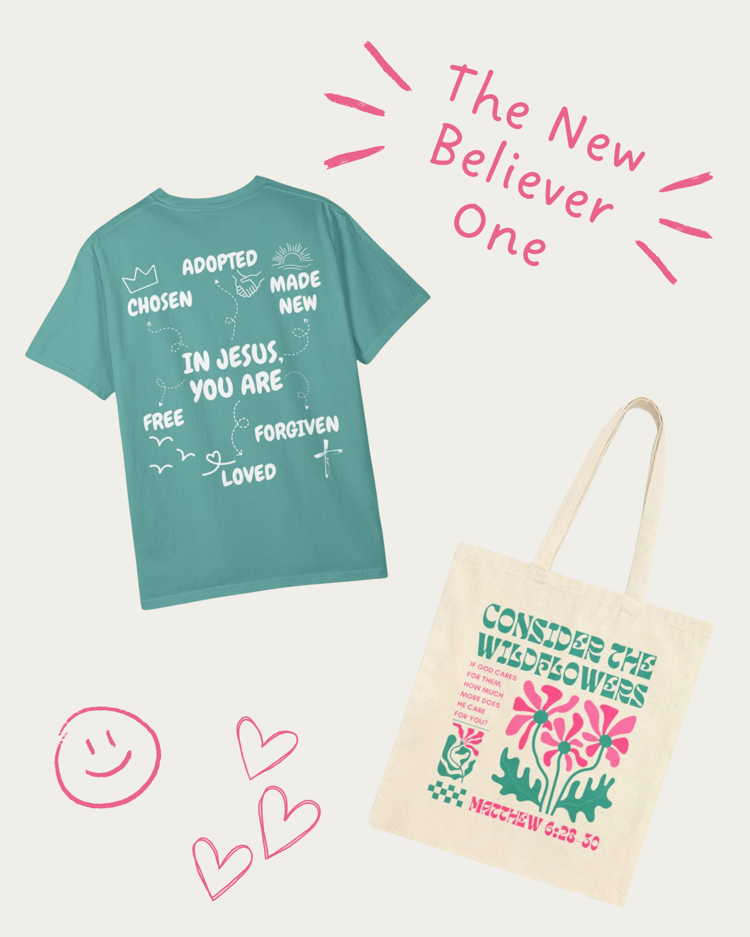 "The New Believer One" Christian Gift Set - Includes Jesus Affirmation Tee and Consider the Wildflowers Tote Bag - Seek and Share Designs