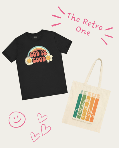 "The Retro One" Christian Gift Set - Includes God is Good Tee and Retro Jesus is the Way, the Truth, the Life Tote Bag - Seek and Share Designs