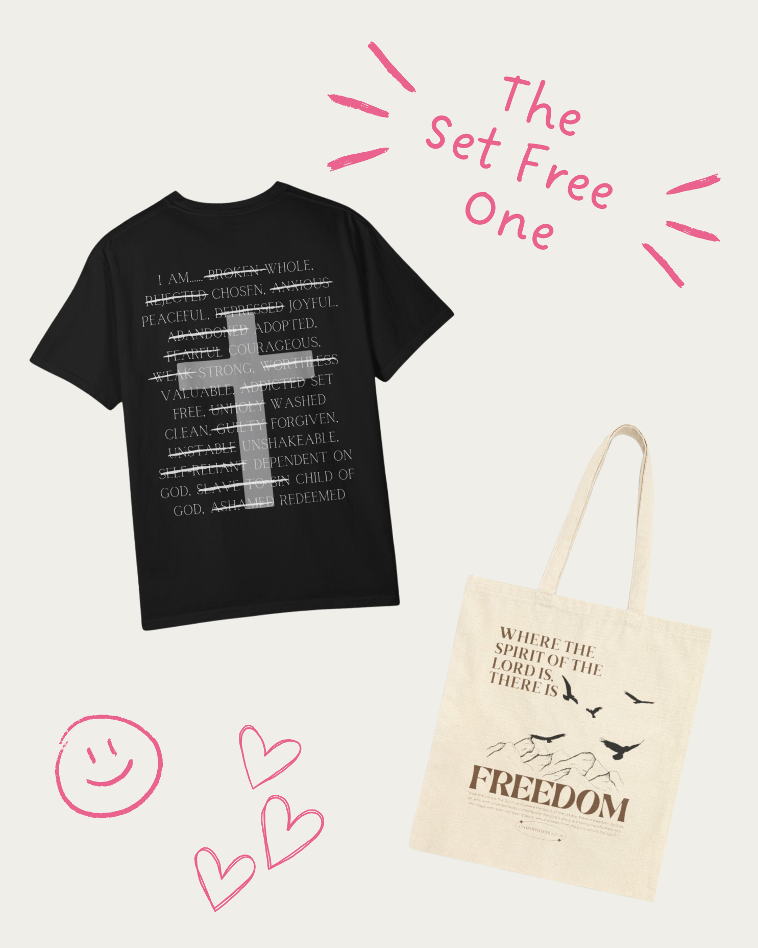 "The Set Free One" Christian Gift Set - Includes Redeemed Tee and Where the Spirit of the Lord is there is Freedom Tote Bag - Seek and Share Designs